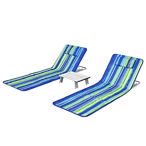 COSTWAY 2er Set Strandmatte mit Beistelltisch, Kopfkissen & Staufach, Liegematte mit Verstellbarer Rückenlehne, Sonnenmatte faltbar, leicht, tragbar, Strandliege für den Strand (Grün) von COSTWAY
