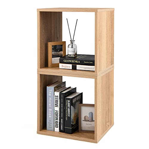 COSTWAY 2er Set Würfelregalen, stapelbares Regalwürfel, Bücherregal, Cuberegal für Wohnzimmer, Schlafzimmer, Arbeitszimmer, Eiche von COSTWAY