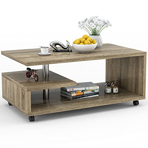 COSTWAY 3 Ebenen Couchtisch aus Holz, auf Rollen, Beistelltisch modern 105 x 60 x 46 cm (Braun) von COSTWAY