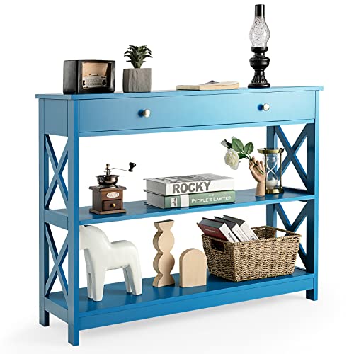 COSTWAY 3 Ebenen Konsolentisch, Flurtisch mit Schublade & 2 Ablagen aus Holz, Beistelltisch mit X-Förmigen Beinen für Eingang Wohnzimmer Schlafzimmer, 100 x 30 x 80 cm, 95 kg Belastbar(Blau) von COSTWAY