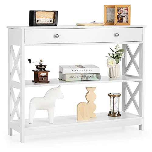 COSTWAY 3 Ebenen Konsolentisch mit Schublade, Flurtisch aus Holz, Standregal, Beistelltisch für Eingang, Wohnzimmer und Schlafzimmer, 100 x 30 x 80 cm (White) von COSTWAY