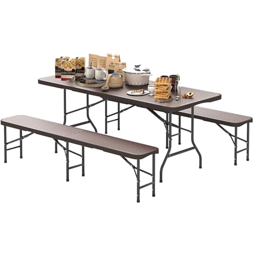 COSTWAY 3 TLG. Bierzeltgarnitur, Campingtisch klappbar mit 2 Sitzbänke, Picknicktisch Set Metallrahmen, Festzeltgarnitur tragbar für Terrasse, Garten, Braun von COSTWAY