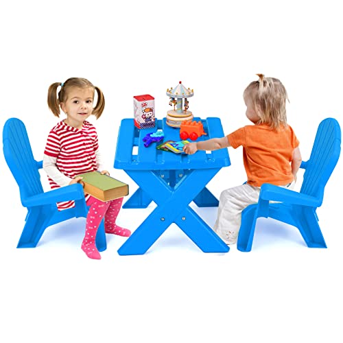 COSTWAY 3 TLG. Kindersitzgruppe, Kindertisch mit 2 Adirondack-Stühlen, Kindertischgruppe aus Kunststoff, Kindermöbel Kinder Tischset, für Kindergarten Kinderzimmer Garten Rasen (Blue) von COSTWAY