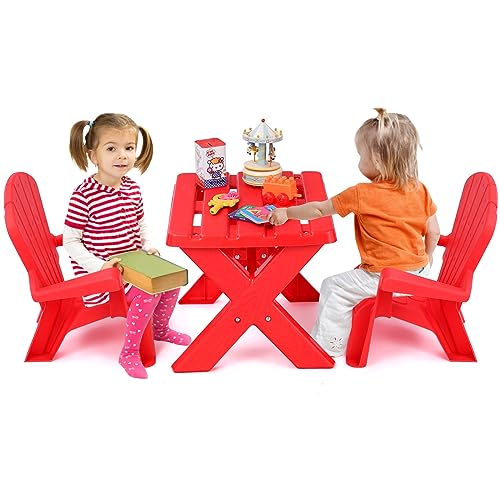 COSTWAY 3 TLG. Kindersitzgruppe, Kindertisch mit 2 Adirondack-Stühlen, Kindertischgruppe aus Kunststoff, Kindermöbel Kinder Tischset, für Kindergarten Kinderzimmer Garten Rasen (Rot) von COSTWAY