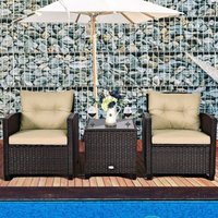 COSTWAY 3-TLG. Polyrattan Lounge Set, Gartenmoebel Rattan Sitzgruppe mit Sitzkissen & Couchtisch, Rattantisch und Stühle, Gartenset Balkon Moebel-Set von COSTWAY