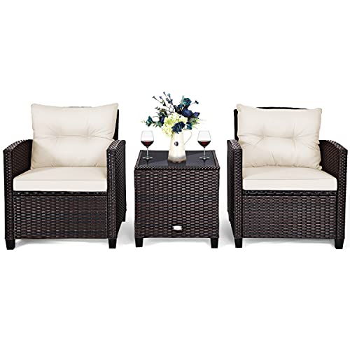 COSTWAY 3-TLG. Rattan Gartenmöbel Set, Polyrattan Sitzgruppe, 2 Sessel & 1 Beistelltisch, Balkonmöbel Bistroset Gartengarnitur, Gartenlounge Gartenset inkl. Glasplatte & Sitzkissen, Beige von COSTWAY