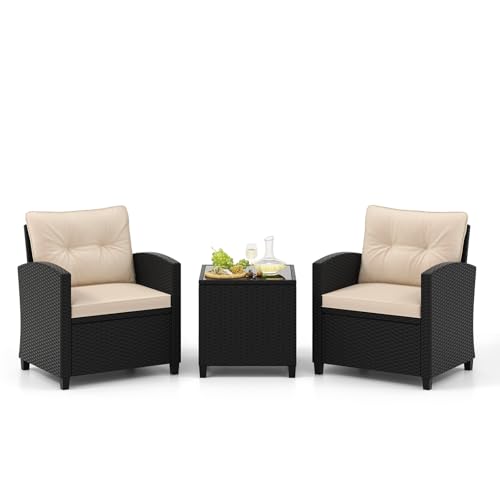 COSTWAY 3-TLG. Rattan Gartenmöbel Set, Balkonmöbel mit Kissen, 2 Stühlen und Tisch, Polyrattan Balkonset, Terrassenmöbel, Gartengarnitur, Sitzgruppe für Terrasse, Balkon, Garten (Beige) von COSTWAY