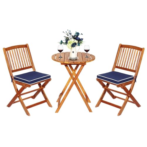 COSTWAY 3tlg. Balkonmöbel Set, Bistrotisch mit 2 Stühlen, klappbares Balkonset aus Akazienholz mit 2 Kissen, Bistroset, Gartengarnitur, Gartenmöbel, Sitzgarnitur, Sitzgruppe für Garten, Balkon (Blau) von COSTWAY