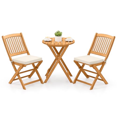 COSTWAY 3tlg. Balkonmöbel Set, Bistrotisch mit 2 Stühlen, klappbares Balkonset aus Akazienholz mit 2 Kissen, Bistroset, Gartengarnitur, Gartenmöbel, Sitzgarnitur, Sitzgruppe für Garten, Balkon (Beige) von COSTWAY