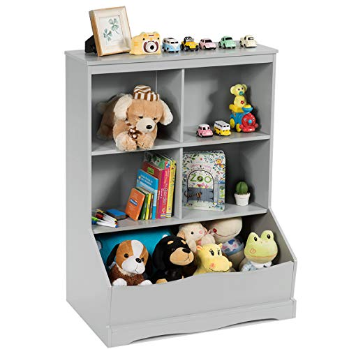 COSTWAY 3-etagiger Spielzeugschrank, Aufbewahrungsschrank mit offenen Fächern&Kasten, BücherregalAufbewahrungsbox Standregal für Spielzeugaufbewahrung Kinderzimmer (Grau) von COSTWAY
