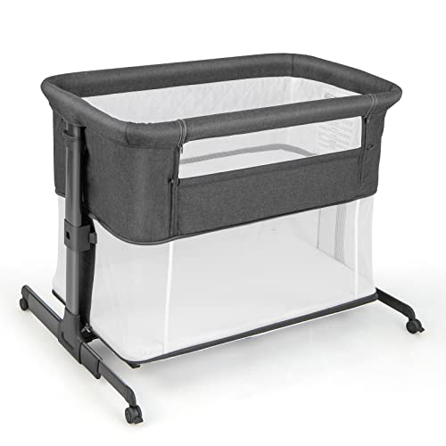 COSTWAY 3 in 1 Babybett & Beistellbett & Laufstall, klappbare Reisebett mit Matratze, 5 verstellbaren Höhen, feststellbare Rädern & Tragetasche für Neugeborene (Grau) von COSTWAY