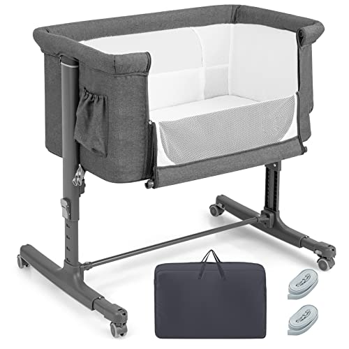 COSTWAY 3 in 1 Beistellbett & Babywiege & Reisebett, 5-stufig Höhenverstellbares Babybett, 10° Neigung, Kinderbett inkl. Matratze, Tragetasche, Stubenwagen für Babys bis 9kg belastbar (Dunkelgrau) von COSTWAY