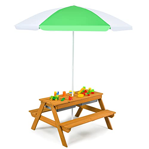 COSTWAY 3 in 1 Kinder Picknicktisch, Gartentisch mit Sonnenschirm & Bänke, Kindersitzgruppe aus Holz mit Abnehmbarer Tischplatte & 2 Spielboxen, Kindermöbel-Set für Garten, Hinterhof, Terrasse (Weiß) von COSTWAY