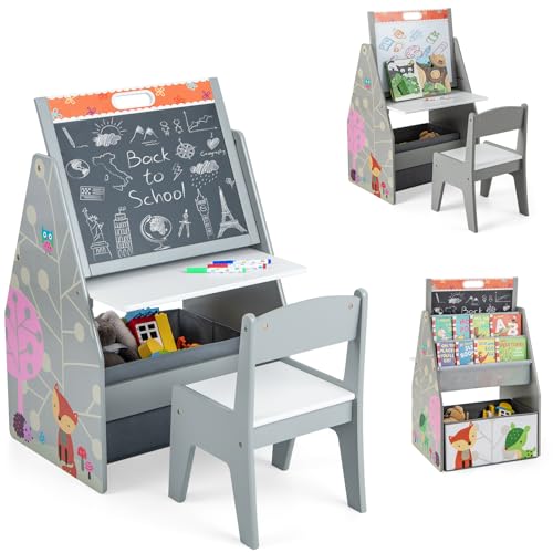 COSTWAY 3 in 1 Kindertisch & Kunststaffelei & Kreidetafel, Kindersitzgruppe mit magnetischer Tafel & Whiteboard & Stoffkorb & Bücherregal, Kinderregal mit Aufbewahrung für Jungen und Mädchen (Grau) von COSTWAY