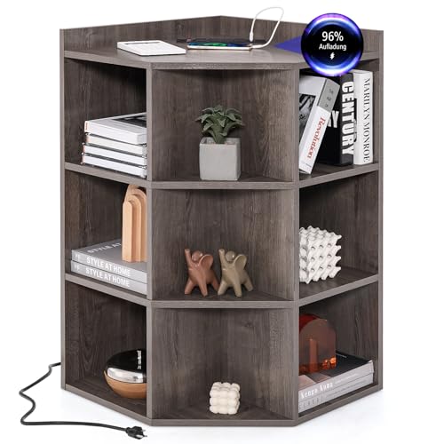 COSTWAY 3-stöckiges Eck-Bücherregal mit Ladestation, Eckregal mit 9 Fächern, 2 USB-Anschlüssen & 4 Steckdosen, Aufbewahrungsregal für Schlafzimmer, Wohnzimmer (Graue Eiche) von COSTWAY
