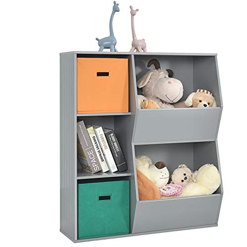 COSTWAY Bücherregal Kinder, 3-stöckiges Kinderregal mit 2 Boxen & 5 Fächern, Spielzeugregal Aufbewahrungsregal aus Holz für Kinderzimmer Schlafzimmer, 76 x 28 x 94cm (Grau, 5 Fächer) von COSTWAY