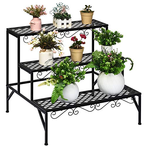 COSTWAY 3-stufige Metall Blumentreppe, Blumenregal Pflanzenständer Pflanzenregal mit rutschfesten Füßen, Pflanzentreppe Pflanzentöpfe für Garten Balkon, 70 x 21 x 60,5 cm, schwarz von COSTWAY