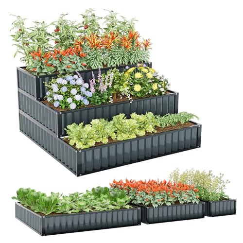 COSTWAY 3-stufiges Hochbeet Metall, Gartenbeet mit offener Basis, stapelbar & DIY, Stufenbeet Blumentreppe, Blumenkasten Garten, Pflanztreppe für Gemüse Obst Blumen Kräuter, 118x118x61 cm, Schwarz von COSTWAY