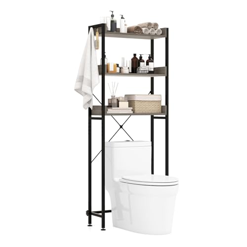 COSTWAY 3-stufiges Toilettenregal, Badregal platzsparend, Waschmaschinenregal mit 4 Haken & verstellbaren Füßen, Badezimmerregal für über die Toilette, WC-Regal für Badezimmer (Grau) von COSTWAY