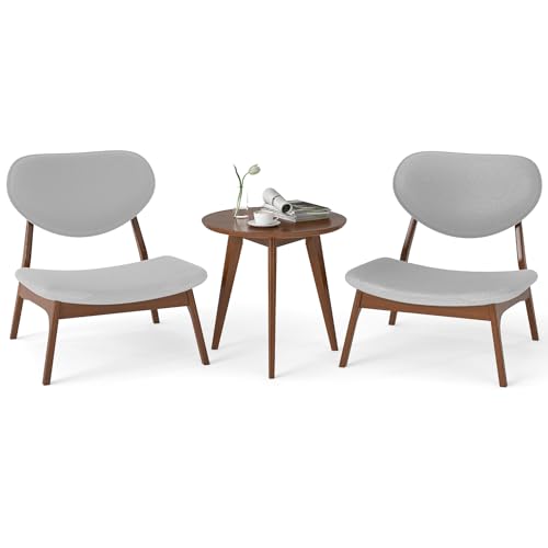 COSTWAY 3-TLG. Sessel mit Beistelltisch, Loungesessel gepolstert mit Massivholzrahmen, Kleiner Tisch mit 2 Stühlen, Relaxsessel Set für Wohnzimmer, Esszimmer, Arbeitszimmer (Hellgrau) von COSTWAY