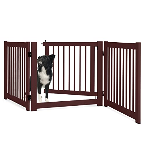 COSTWAY 3-teiliges Absperrgitter Hunde, Freistehendes Hundegitter mit Tür, 61cm hoch, Schutzgitter Holz, Treppengitter Kindergitter klappbar, Hundeabsperrgitter für Kamin & Treppe (Braun) von COSTWAY