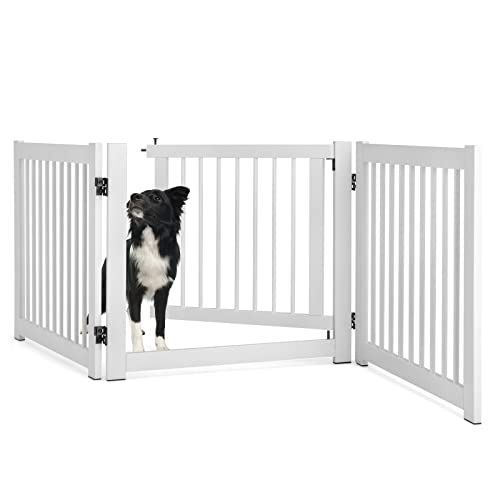 COSTWAY 3-teiliges Absperrgitter Hunde, Freistehendes Hundegitter mit Tür, 61cm hoch, Schutzgitter Holz, Treppengitter Kindergitter klappbar, Hundeabsperrgitter für Kamin & Treppe (Weiß) von COSTWAY