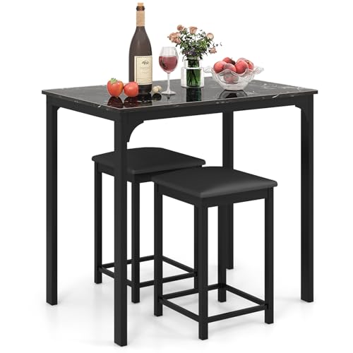 COSTWAY 3 teiliges Esstisch Set, Bartisch Set mit 2 Barhockern, Essgruppe mit gepolsterten Stühlen, Küchentisch Stehtisch mit Metallgestell für Esszimmer Wohnzimmer, 90 x 60 x 82 cm (Schwarz) von COSTWAY
