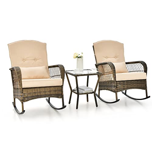 COSTWAY 3-teiliges Gartenmöbel Set, Balkonmöbel mit Kissen, Balkonset mit 2 PE-Rattan-Schaukelstühle und Tisch, Sitzgruppe Terrassenmöbel für Balkon, Garten, Veranda von COSTWAY