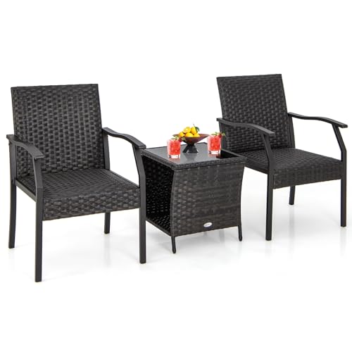 COSTWAY 3-teiliges Gartenmöbel Set, Rattan Balkonset mit 2 Stühlen und Tisch, Balkonmöbel mit gepolstertem Sitz, Rattanmöbel für kleinen Balkon, Terrassenmöbel, Sitzgruppe für Garten, Veranda von COSTWAY