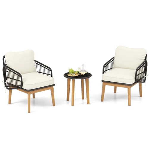 COSTWAY 3-teiliges Rattan Terrassenmöbel Set, Garten Sitzgarnitur 2 Korbstühle & Glas Beistelltisch mit Kissen, Outdoor Gartenmöbelset für Veranda, Hinterhof, Pool von COSTWAY