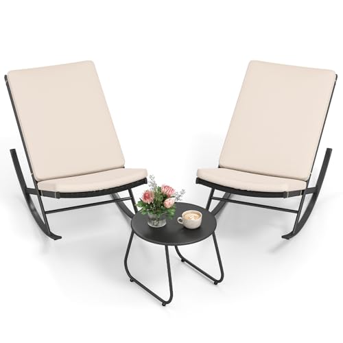 COSTWAY 3-TLG. Schaukelstuhl mit Gartentisch, Outdoor Schaukelsessel mit Dicken Kissen & Rattan-Rückenlehne, Gartenmöbel Set, Relaxsessel für Balkon, Garten, Veranda von COSTWAY