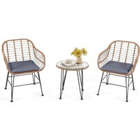 3tlg. Bistroset 2 Rattanstühle & Hartglas Beistelltisch & Sitzkissen von COSTWAY