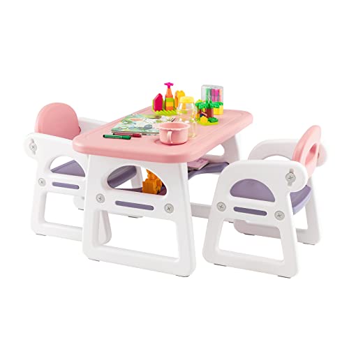 COSTWAY 3tlg. Kindersitzgruppe, Kindertisch mit 2 Stühlen, Schreibtischset mit Ablagefach zum Lesen, Zeichnen, Schreiben & Basteln, Kindermöbel für Innenbereich mit Regal für 1–5 Jahre (Rosa & Lila) von COSTWAY