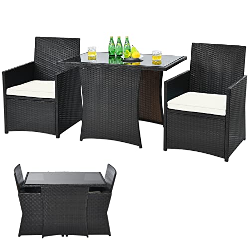 COSTWAY 3tlg. Polyrattan Gartenmöbel Set, 2 Sessel und 1 Beistelltisch mit Glasplatte, Rattanmöbel Platzsparend, Gartenlounge Gartengarnitur Sitzgruppe, Sitzgarnitur Gartenset inkl. Sitzkissen von COSTWAY