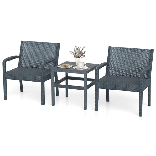 COSTWAY 3tlg. Rattan Gartenmöbel Set, wetterfestes Balkonmöbel aus PP, Balkonset inkl. 2 Stühle mit Tisch, Terrassenmöbel, Gartenset, Sitzgruppe für Balkon, Terrasse, Garten (Grau) von COSTWAY