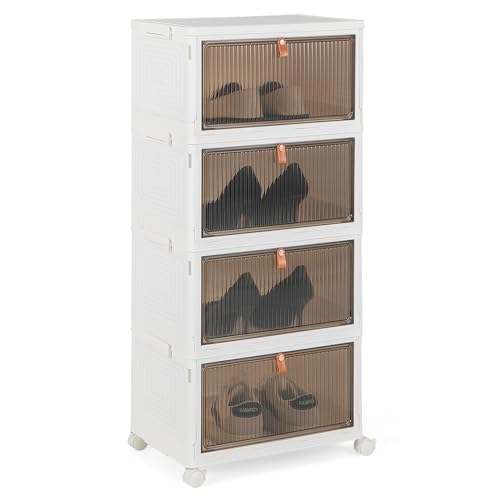COSTWAY 4-Ebenen Aufbewahrungsboxen mit Deckel und Rollen, Stapelboxen mit magnetischen transparenten Türen, zusammenklappbare Boxen zur Aufbewahrung von Schuhen, Spielzeug, Kleidung von COSTWAY