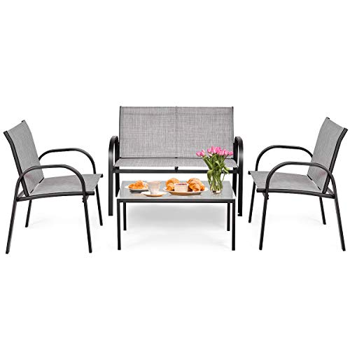 COSTWAY 4 TLG. Gartenmöbel Set, Terrassenmöbel mit Bank, 2 Stühlen & Couchtisch, Lounge Balkonmöbel Set Outdoor, Gartengarnitur für Terrassen, Balkon, Garten (Grau) von COSTWAY