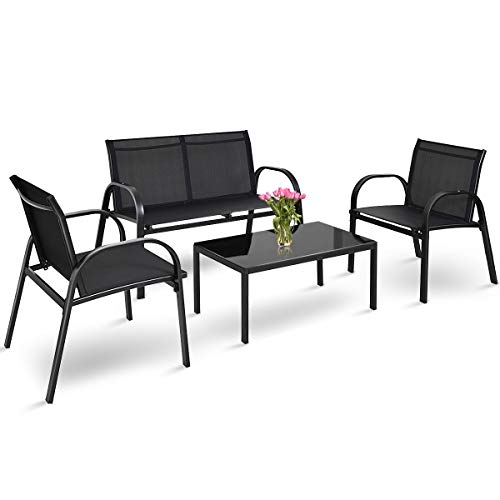 COSTWAY 4 TLG. Gartenmöbel Set, Terrassenmöbel mit Bank, 2 Stühlen & Couchtisch, Lounge Balkonmöbel Set Outdoor, Gartengarnitur für Terrassen, Balkon, Garten (Schwarz) von COSTWAY