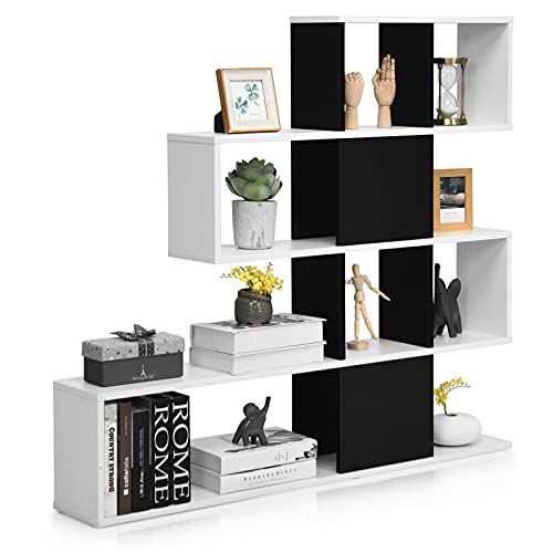 COSTWAY 4-stöckiges Bücherregal, Raumteiler Regal aus Holz, freistehendes Treppenregal, Standregal Stufenregal für Wohnzimmer, Schlafzimmer, Büro (Schwarz + Weiß) von COSTWAY