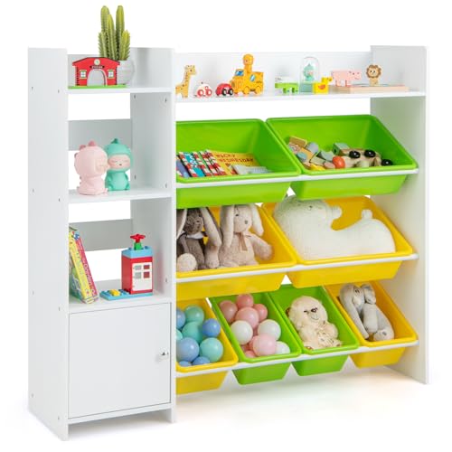 COSTWAY 4-stöckiges Kinderregal, Spielzeugregal mit 8 Aufbewahrungsboxen, 2 offenen Regalen & Schrank, Spielzeug-Organizer Bücherregal für Spielzimmer, Kindergarten, Kinderzimmer, 120 kg belastbar von COSTWAY