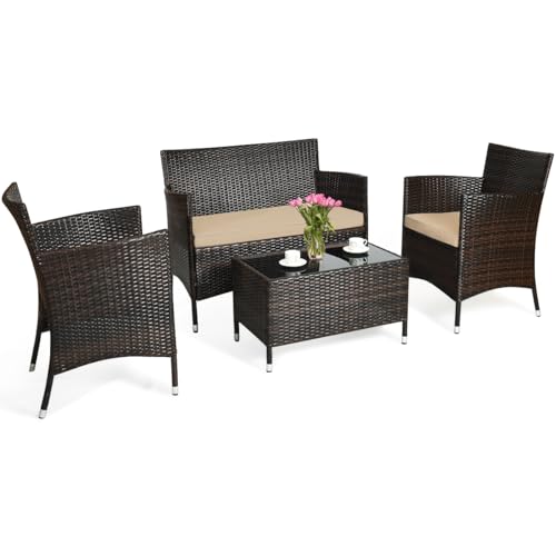 COSTWAY 4-teiliges Gartenmöbel Set, Polyrattan Balkonmöbel Set mit Sitzkissen, Rattan Sitzgarnitur für 4 Personen, Terrassenmöbel Sitzgruppe für Garten, Terrasse, Balkon (Braun) von COSTWAY