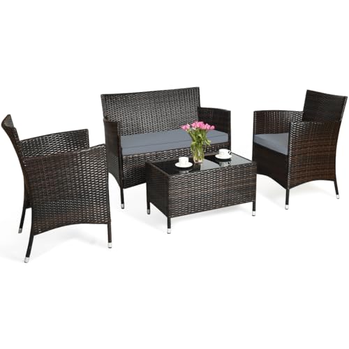 COSTWAY 4-teiliges Gartenmöbel Set, Polyrattan Balkonmöbel Set mit Sitzkissen, Rattan Sitzgarnitur für 4 Personen, Terrassenmöbel Sitzgruppe für Garten, Terrasse, Balkon (Grau) von COSTWAY