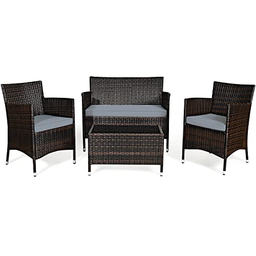 COSTWAY 4-teiliges Gartenmöbel Set, Polyrattan Balkonmöbel Set mit Sitzkissen, Rattan Sitzgarnitur für 4 Personen, Terrassenmöbel Sitzgruppe für Garten, Terrasse, Balkon (Grau) von COSTWAY