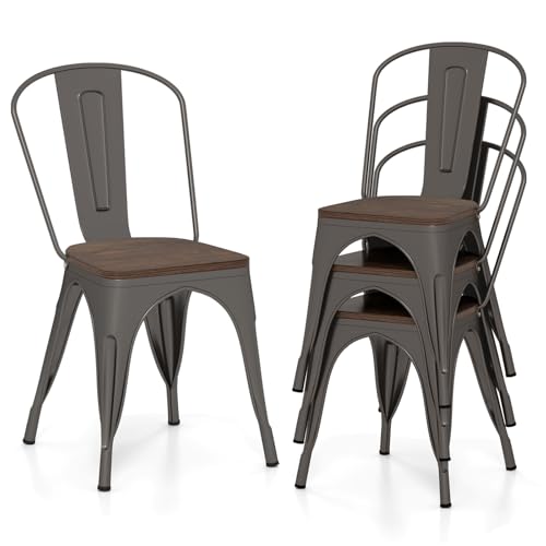 COSTWAY 4er Set Esszimmerstuhl, Bistrostuhl aus Metall mit Kissen aus Ulmenholz, Barhocker stapelbar mit Rückenlehne industriell, Metallstuhl bis 150kg belastbar (Braun) von COSTWAY