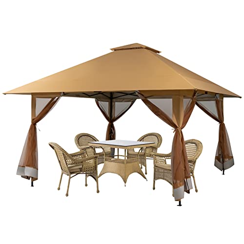 COSTWAY 4x4m Pavillon, Gartenpavillon mit Netzseitenwänden, UV-Schutz 50+, Pop-Up Faltpavillon höhenverstellbar, inkl. Tragetasche mit Rollen, für Garten, Terrasse, Hinterhof (Khaki) von COSTWAY