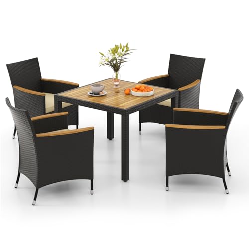 COSTWAY 5 TLG. Rattan Gartenmöbel Set, Sitzgruppe für 4 Personen, Gartentisch mit Tischplatte aus Akazienholz, 4 Stühle & Kissen, Terrassenmöbel Set, Gartengarnitur, Sitzgarnitur, Essgruppe von COSTWAY
