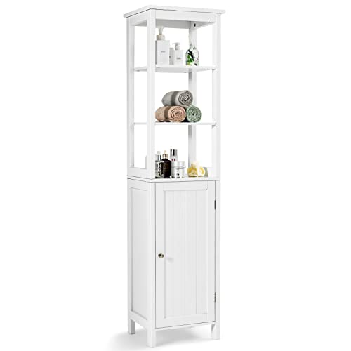 COSTWAY 5-stöckiger Hochschrank schmal, freistehender Badezimmerschrank mit 3-Positionen-Ablage & Kippsicherung, Badschrank platzsparend für Wohnzimmer, Badezimmer, 40 x 32 x 161,5 cm, Weiß von COSTWAY