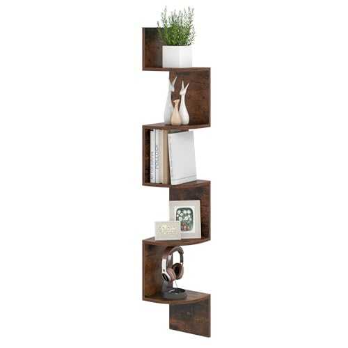 COSTWAY 5-stöckiges Eckregal hängend, schwebendes Bücherregal, wandmontierter Schweberegal, Stauraum-Organizer Holz, Ausstellungsstand für Wohnzimmer, Schlafzimmer, 20 x 20 x 126 cm (Braun) von COSTWAY