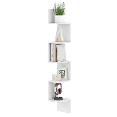 COSTWAY 5-stöckiges Eckregal hängend, schwebendes Bücherregal, wandmontierter Schweberegal, Stauraum-Organizer Holz, Ausstellungsstand für Wohnzimmer, Schlafzimmer, 20 x 20 x 126 cm (Weiß) von COSTWAY