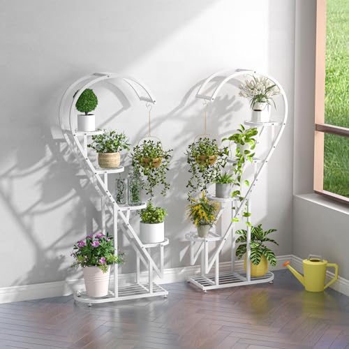COSTWAY 5-stufiger Metall Pflanzenständer Herzförmig, Blumenregal mit Haken, Leiter Pflanzenregal Kippschutz, Pflanzenleiter Blumenständer, für Garten Balkon Wohnzimmer (Weiß) von COSTWAY